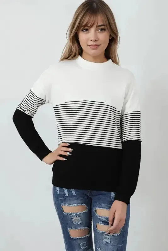 Striped Contrast Knit Top - Fashionfitz