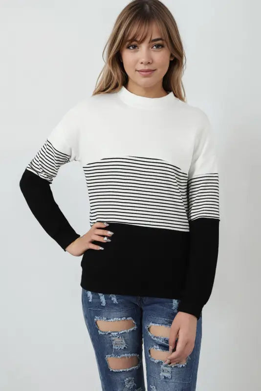 Striped contrast knit top - long sleeve tops