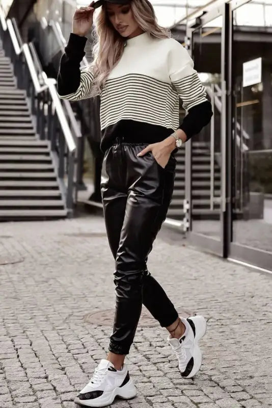 Striped contrast knit top - long sleeve tops