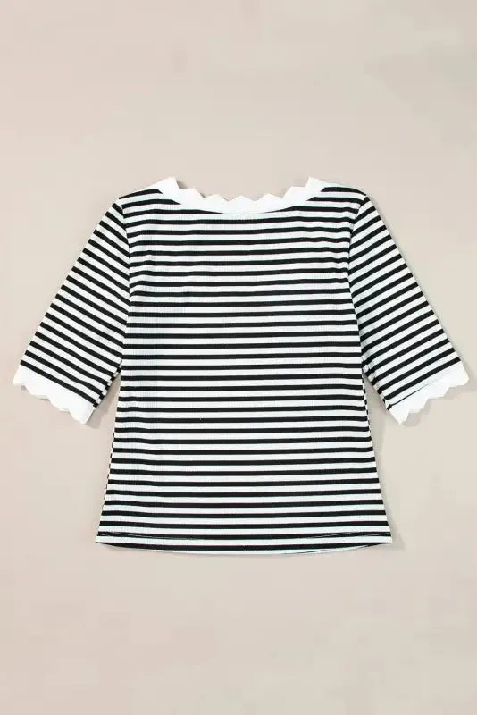 Striped Contrast Scallop Trim Half Sleeve T-shirt - Fashionfitz