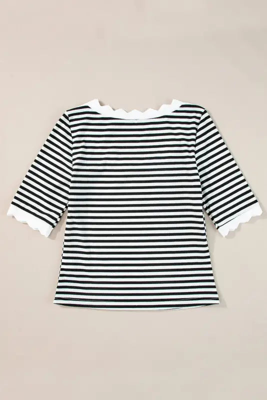 Black striped contrast scallop trim half sleeve t-shirt - tops