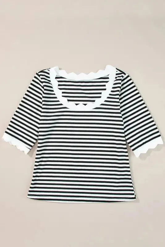 Striped Contrast Scallop Trim Half Sleeve T-shirt - Fashionfitz