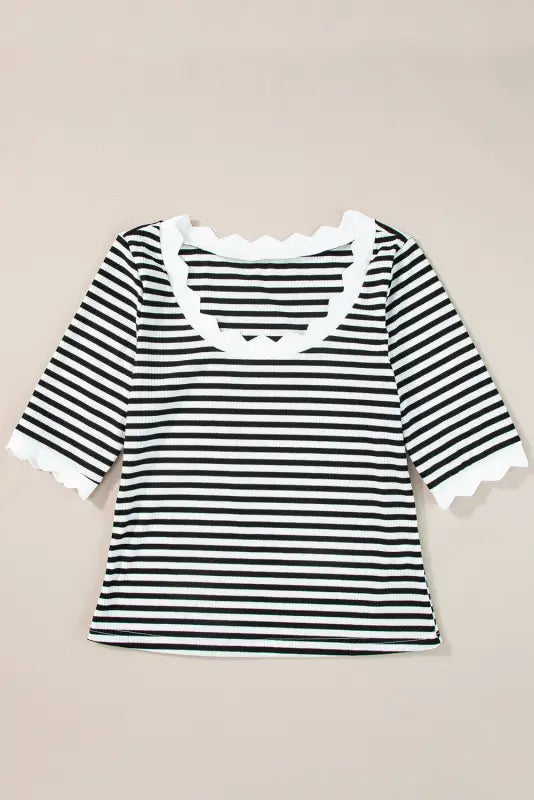 Black striped contrast scallop trim half sleeve t-shirt - tops