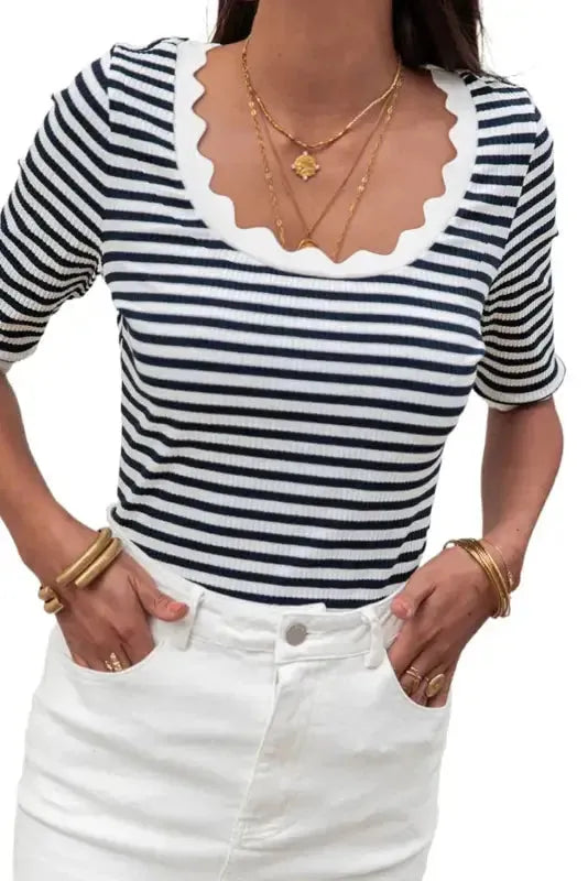 Striped Contrast Scallop Trim Half Sleeve T-shirt - Fashionfitz