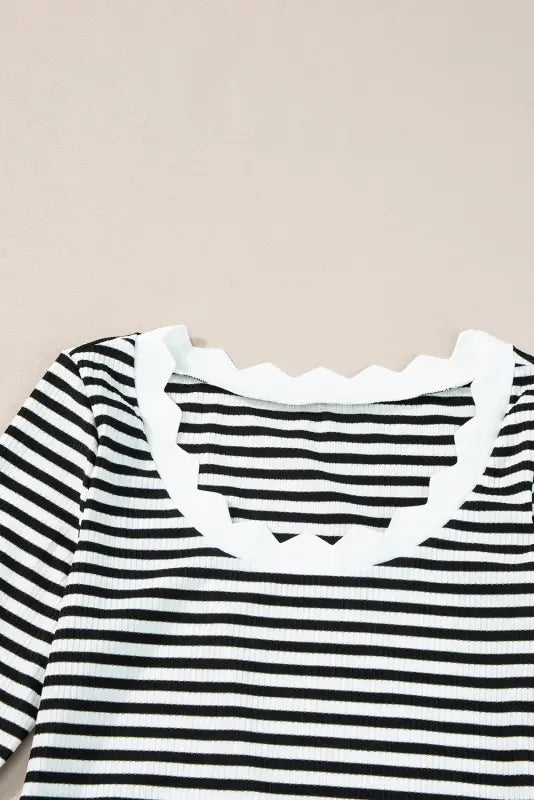 Black striped contrast scallop trim half sleeve t-shirt - tops