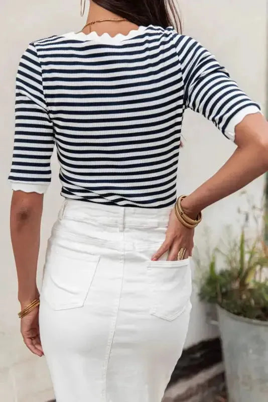 Striped Contrast Scallop Trim Half Sleeve T-shirt - Fashionfitz