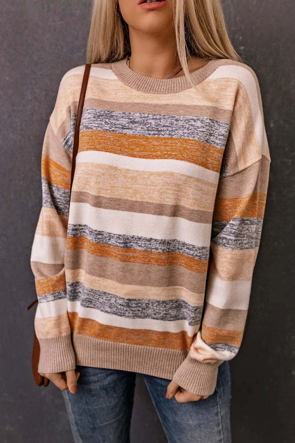 Striped crew neck knitted pullover sweater - stripe / s / 50% viscose + 28% polyester + 22% polyamide - sweaters &