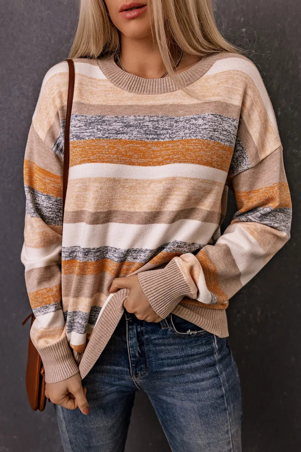 Striped crew neck knitted pullover sweater - sweaters & cardigans