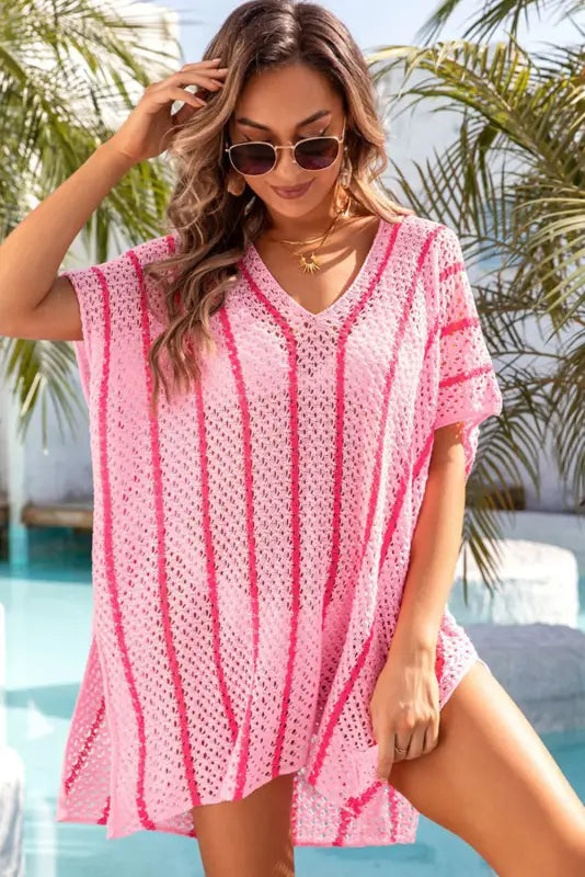 Striped crochet loose fit beach cover up - cover-ups