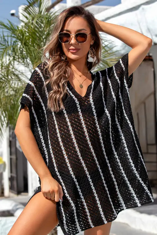 Striped crochet loose fit beach cover up - cover-ups