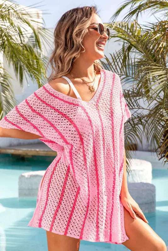 Striped crochet loose fit beach cover up - cover-ups