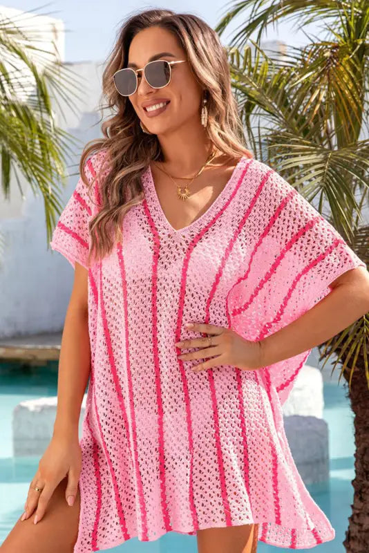 Striped crochet loose fit beach cover up - cover-ups