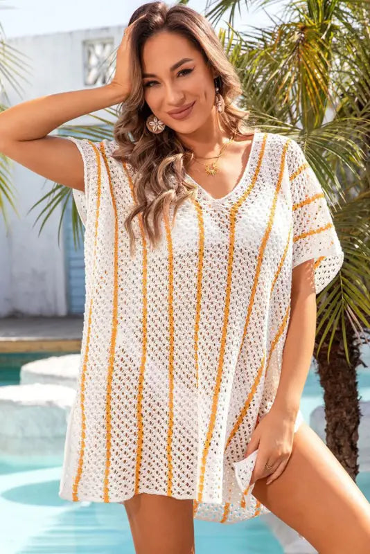 Striped crochet loose fit beach cover up - cover-ups