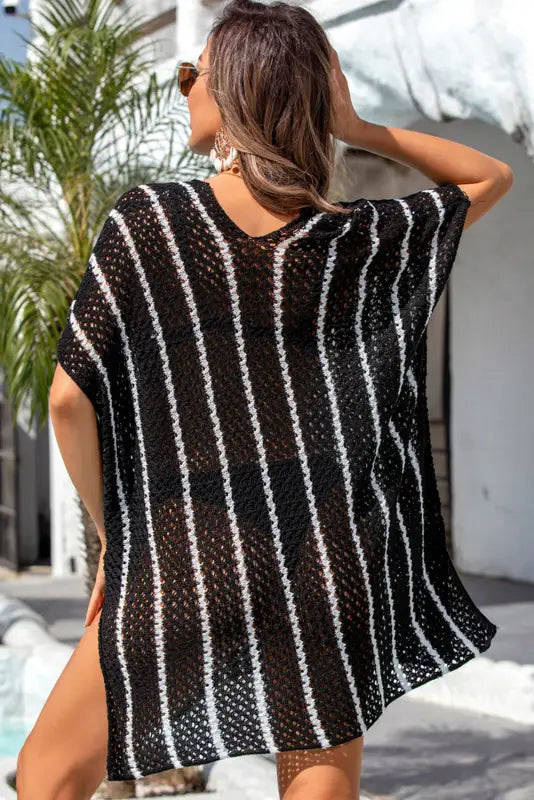 Striped crochet loose fit beach cover up - cover-ups