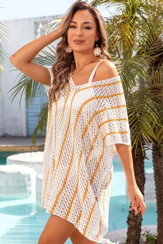 Striped crochet loose fit beach cover up - cover-ups