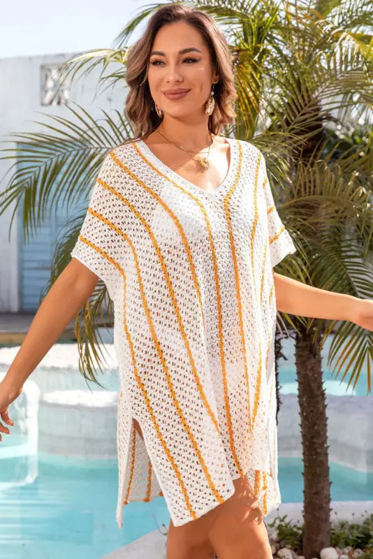 Striped crochet loose fit beach cover up - cover-ups