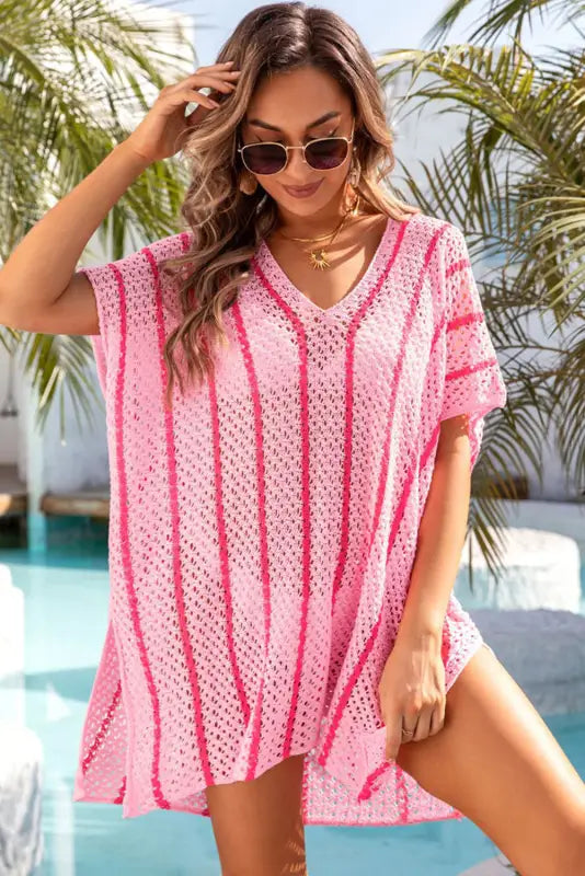 Striped crochet loose fit beach cover up - cover-ups