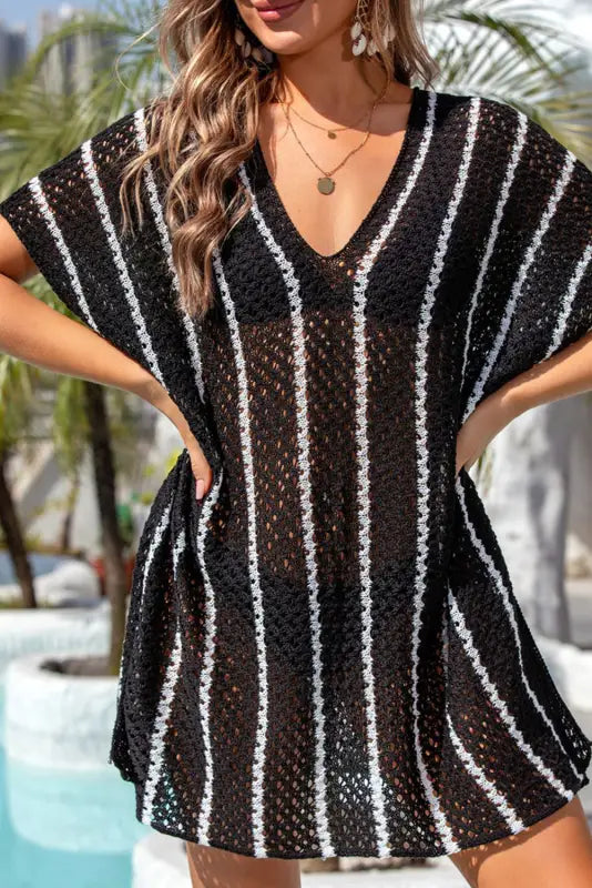 Striped crochet loose fit beach cover up - cover-ups