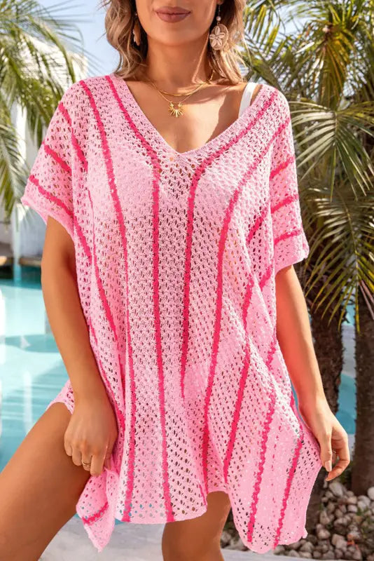 Striped crochet loose fit beach cover up - cover-ups