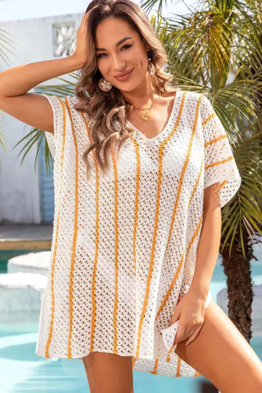 Striped crochet loose fit beach cover up - cover-ups