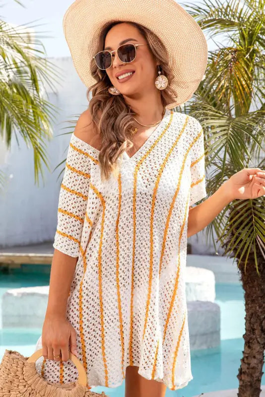 Striped crochet loose fit beach cover up - cover-ups