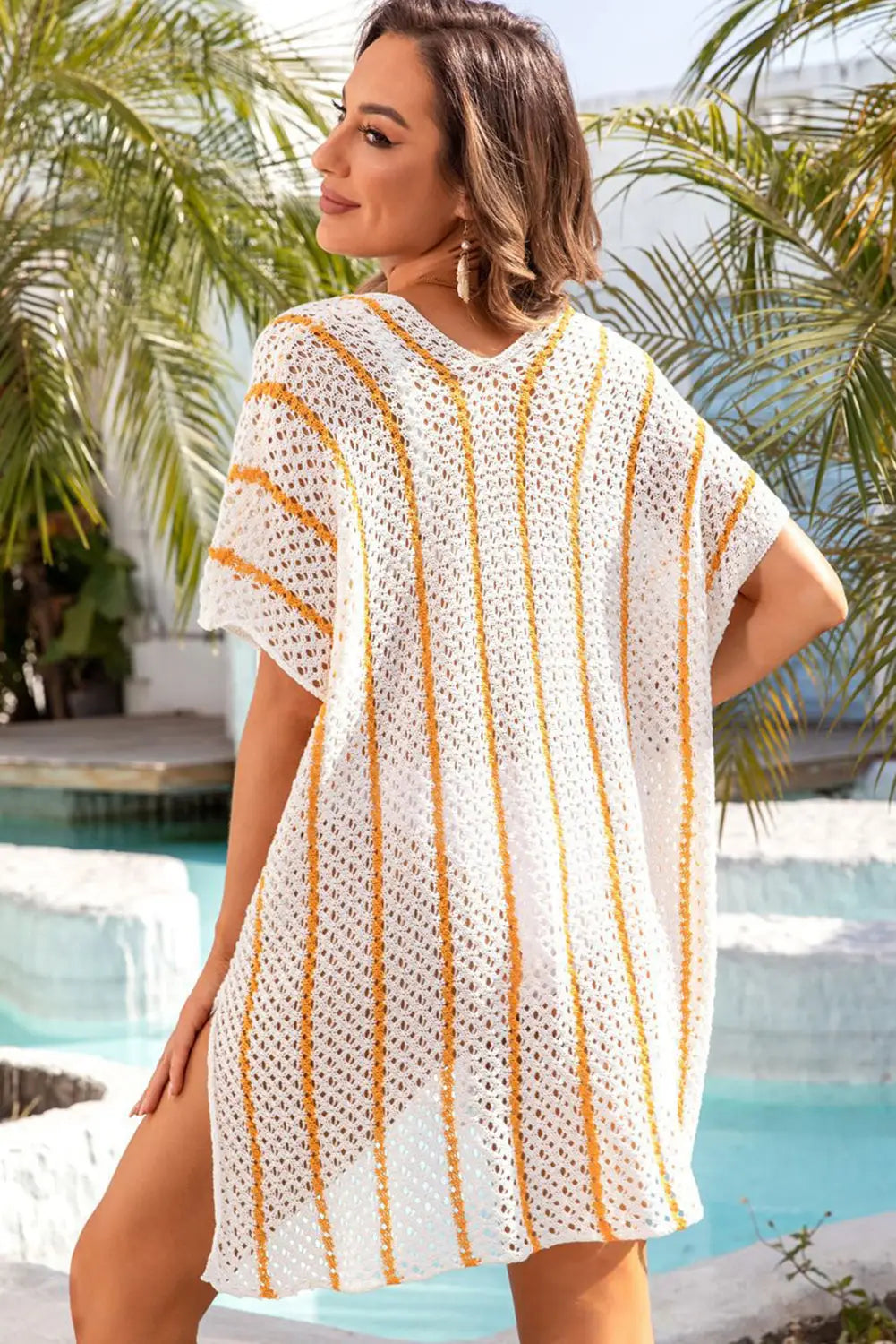 Striped crochet loose fit beach cover up - cover-ups
