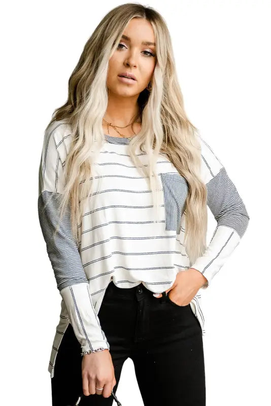 Striped high-low patchwork top - long sleeve tops