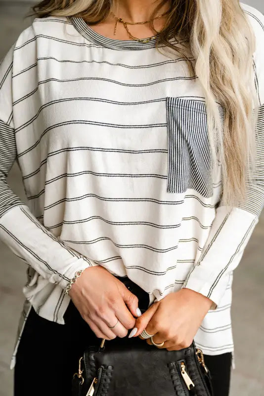 Striped high-low patchwork top - stripe / s / 95% polyester + 5% elastane - long sleeve tops