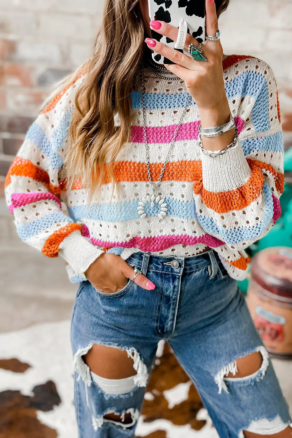 Striped hollowed knitted loose sweater - multicolour / s / 100% acrylic - sweaters & cardigans