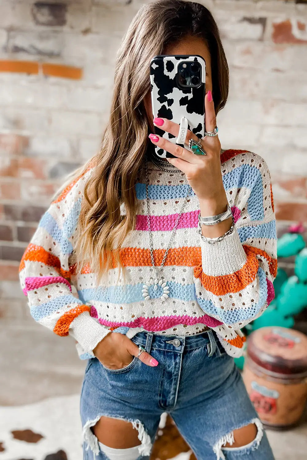 Striped hollowed knitted loose sweater - sweaters & cardigans