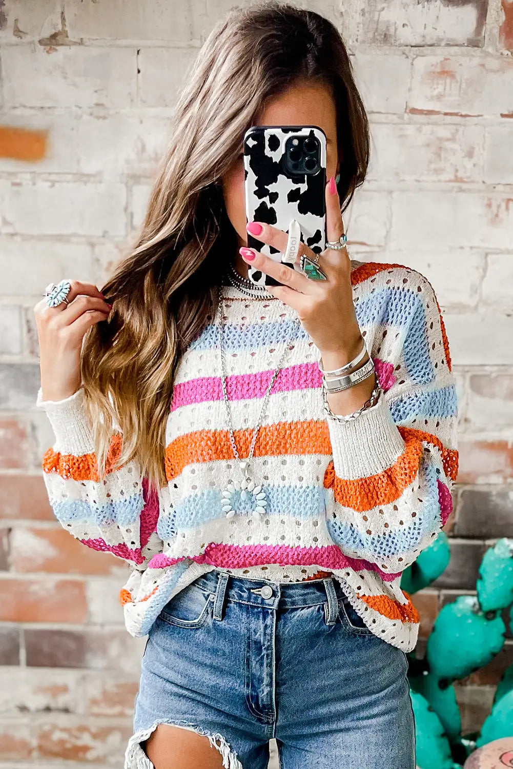 Striped hollowed knitted loose sweater - sweaters & cardigans