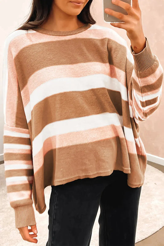 Striped Knit Loose Sweater - Fashionfitz