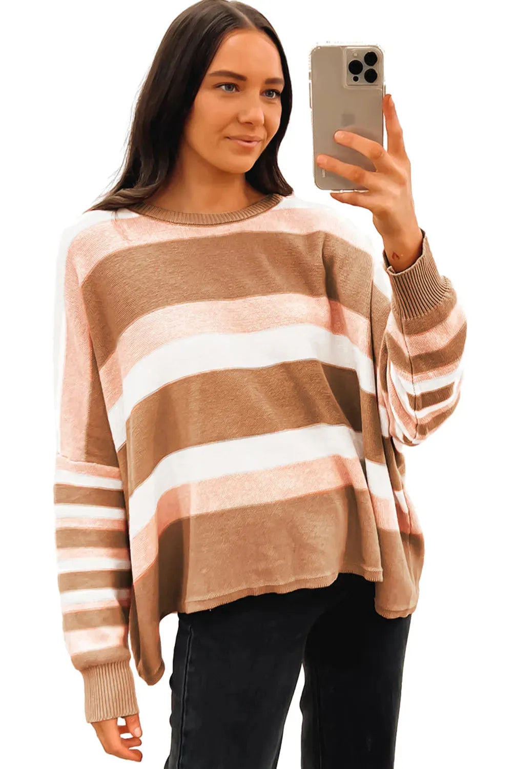 Striped Knit Loose Sweater - Fashionfitz