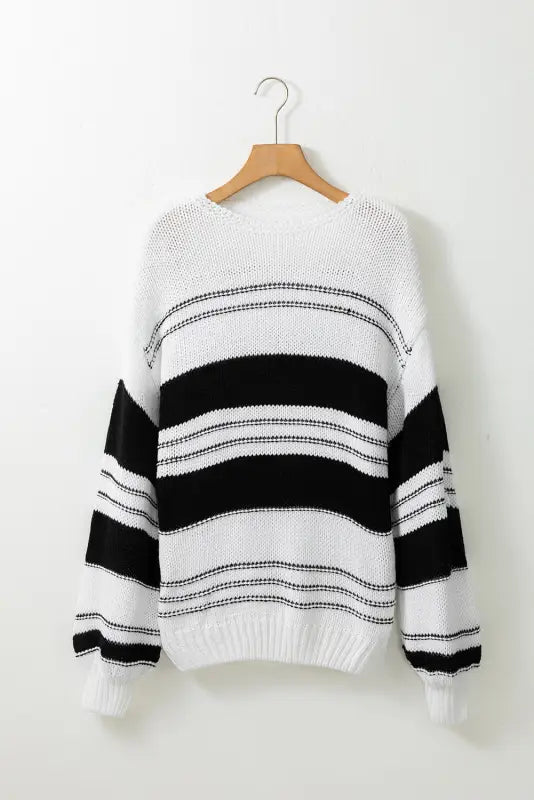 Black stripe striped knit puff sleeve casual sweater - tops