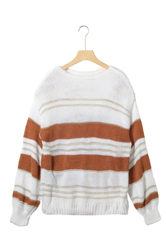 Black stripe striped knit puff sleeve casual sweater - tops