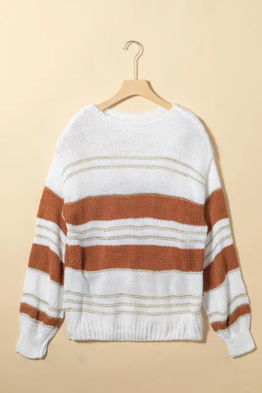 Black stripe striped knit puff sleeve casual sweater - tops