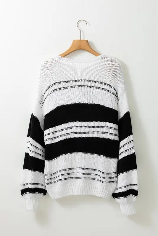 Black stripe striped knit puff sleeve casual sweater - tops