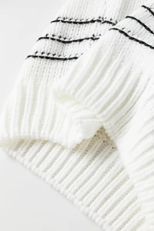 Black stripe striped knit puff sleeve casual sweater - tops