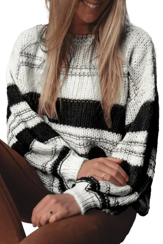 Black stripe striped knit puff sleeve casual sweater - tops