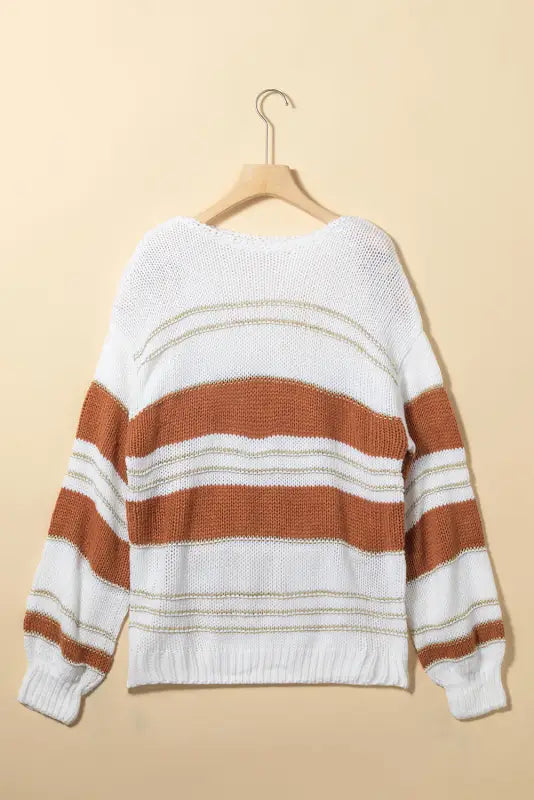 Black stripe striped knit puff sleeve casual sweater - tops