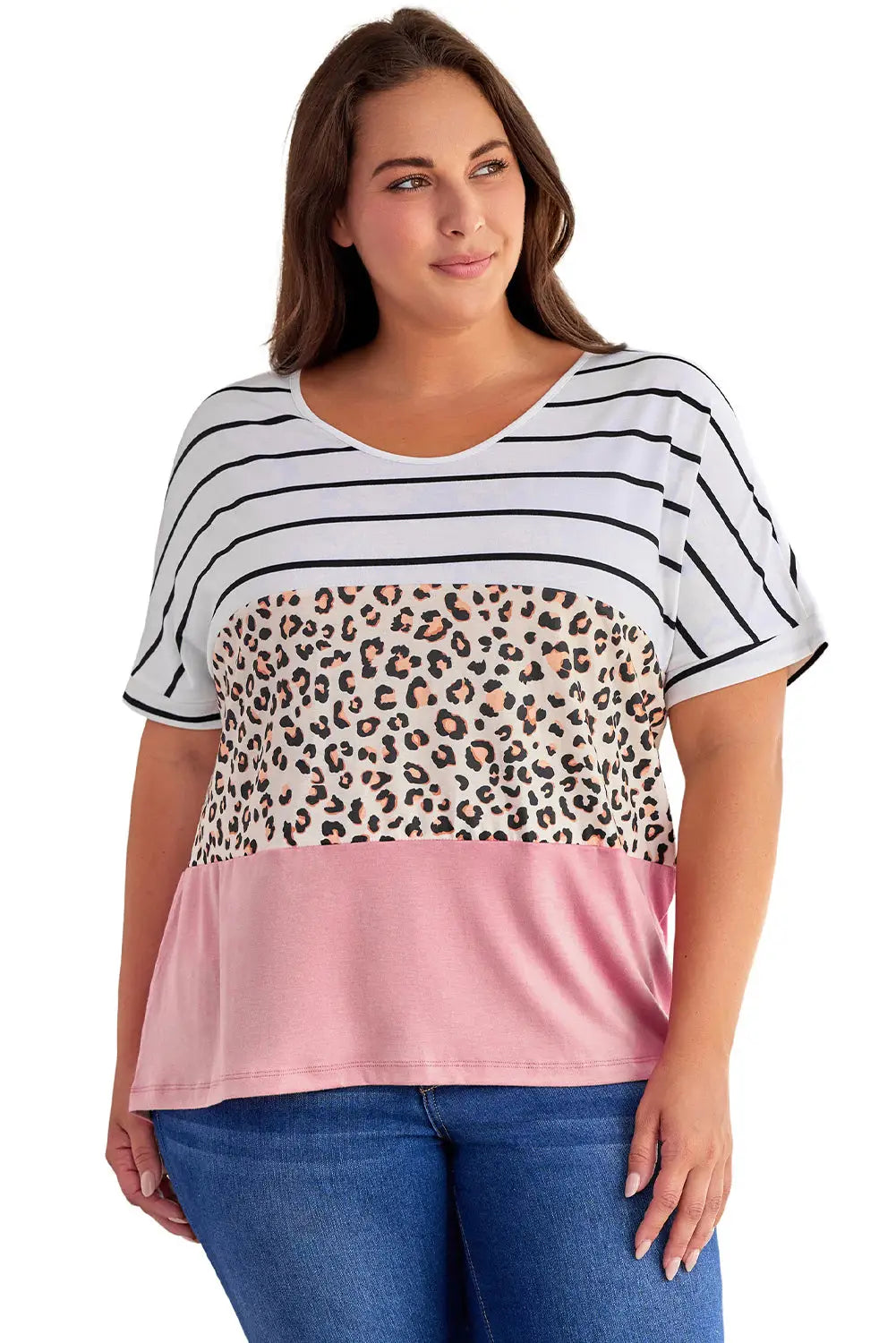Striped leopard color block plus size t-shirt
