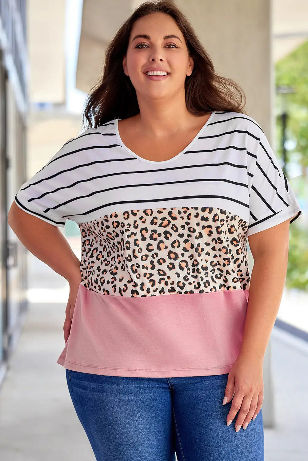 Striped leopard color block plus size t-shirt - stripe / 1x / 65% polyester + 30% viscose + 5% elastane