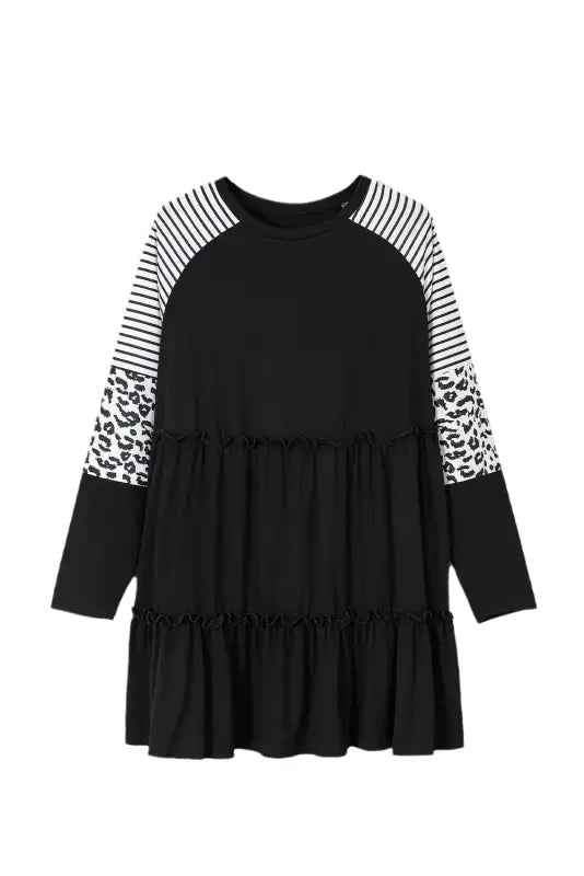 Striped leopard sleeve ruffle tiered dress - plus size dresses