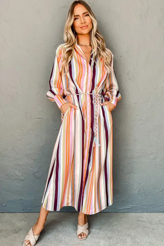 Striped maxi shirt dress - tassel tied by fashionfitz