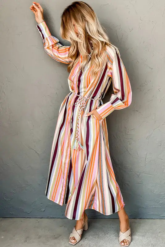 Striped maxi shirt dress - tassel tied by fashionfitz