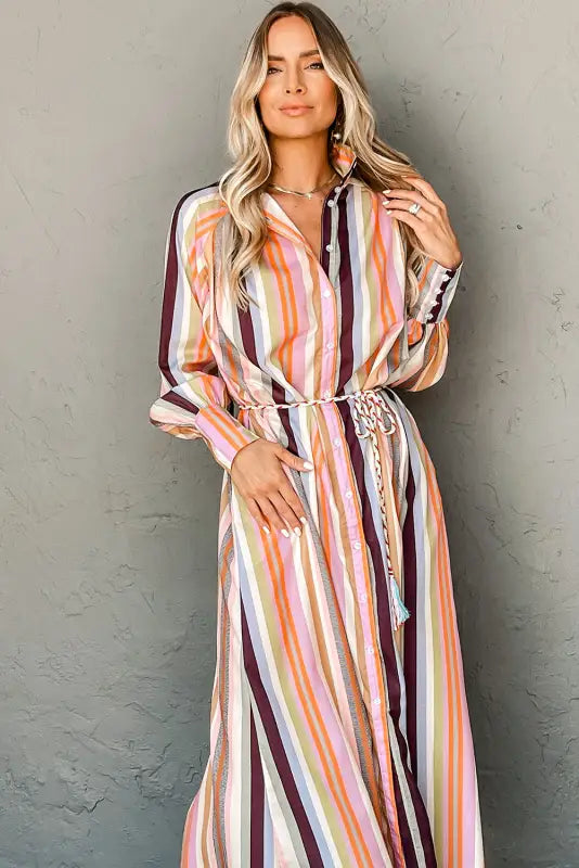 Striped maxi shirt dress - tassel tied by fashionfitz