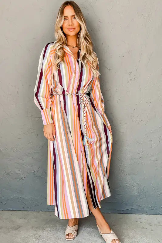 Striped maxi shirt dress - tassel tied by fashionfitz