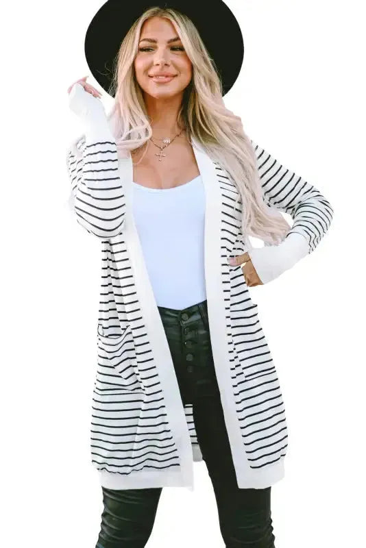 Striped Open Front Cardigan - Fashionfitz