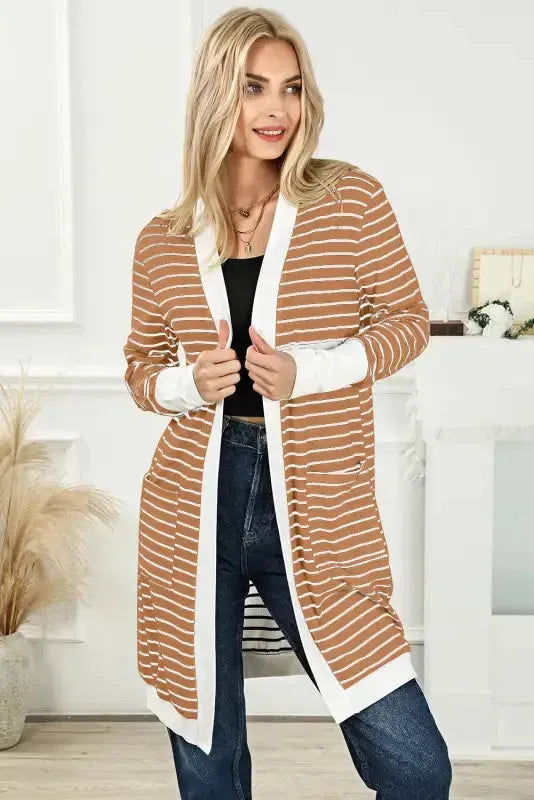 Striped Open Front Cardigan - Fashionfitz