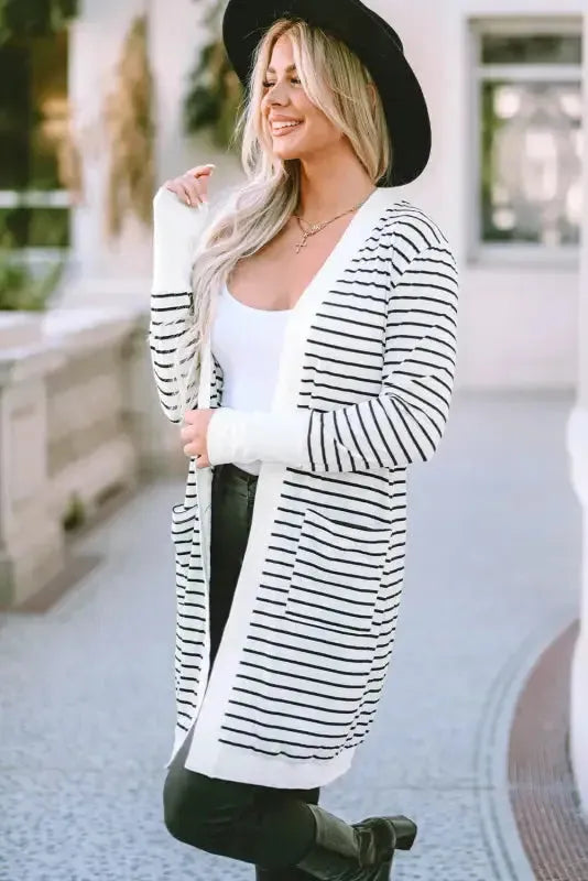 Striped Open Front Cardigan - Fashionfitz